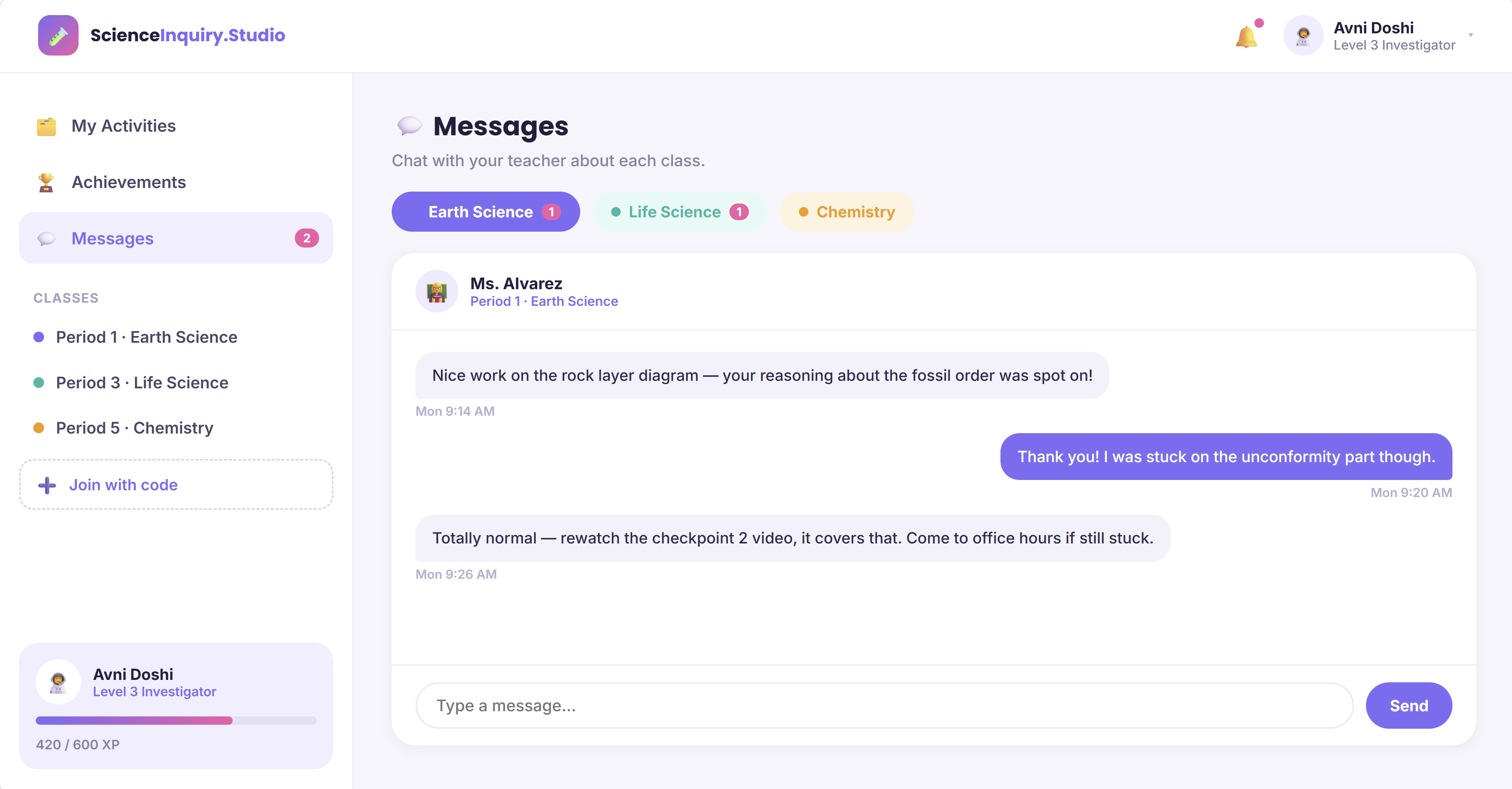 Science Inquiry Studio student and teacher messaging screen