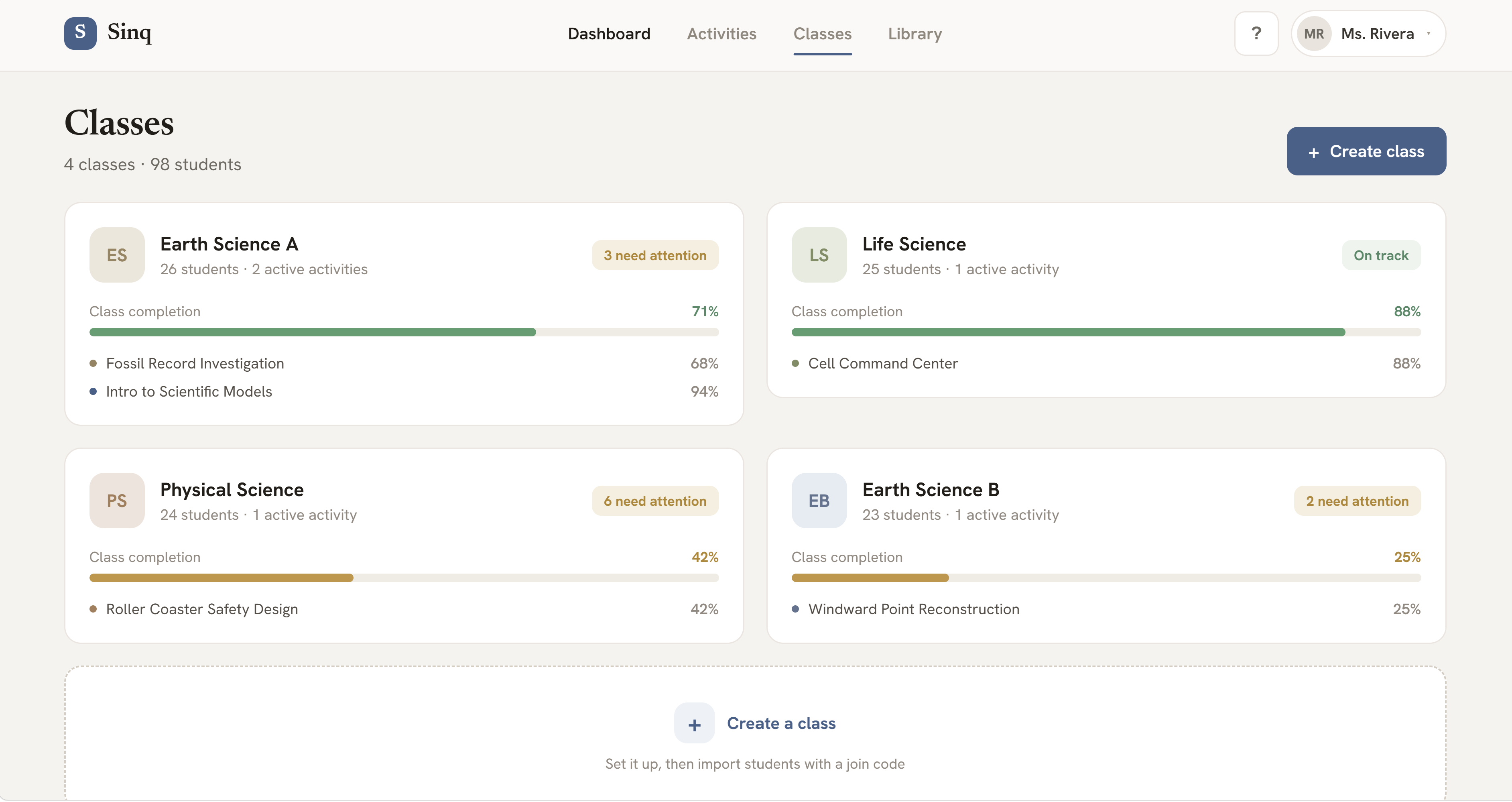 Science Inquiry Studio teacher classes overview