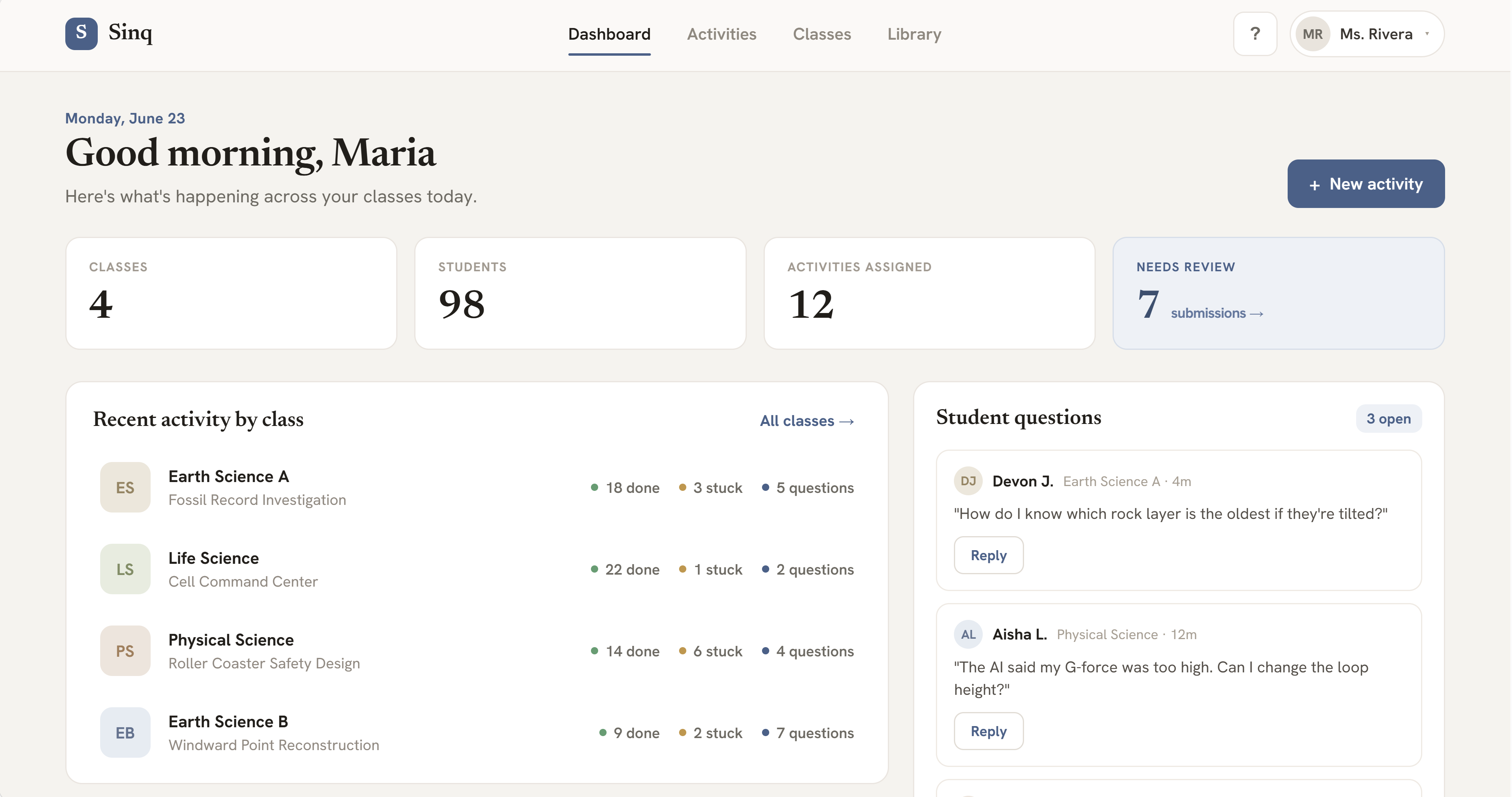 Science Inquiry Studio teacher dashboard