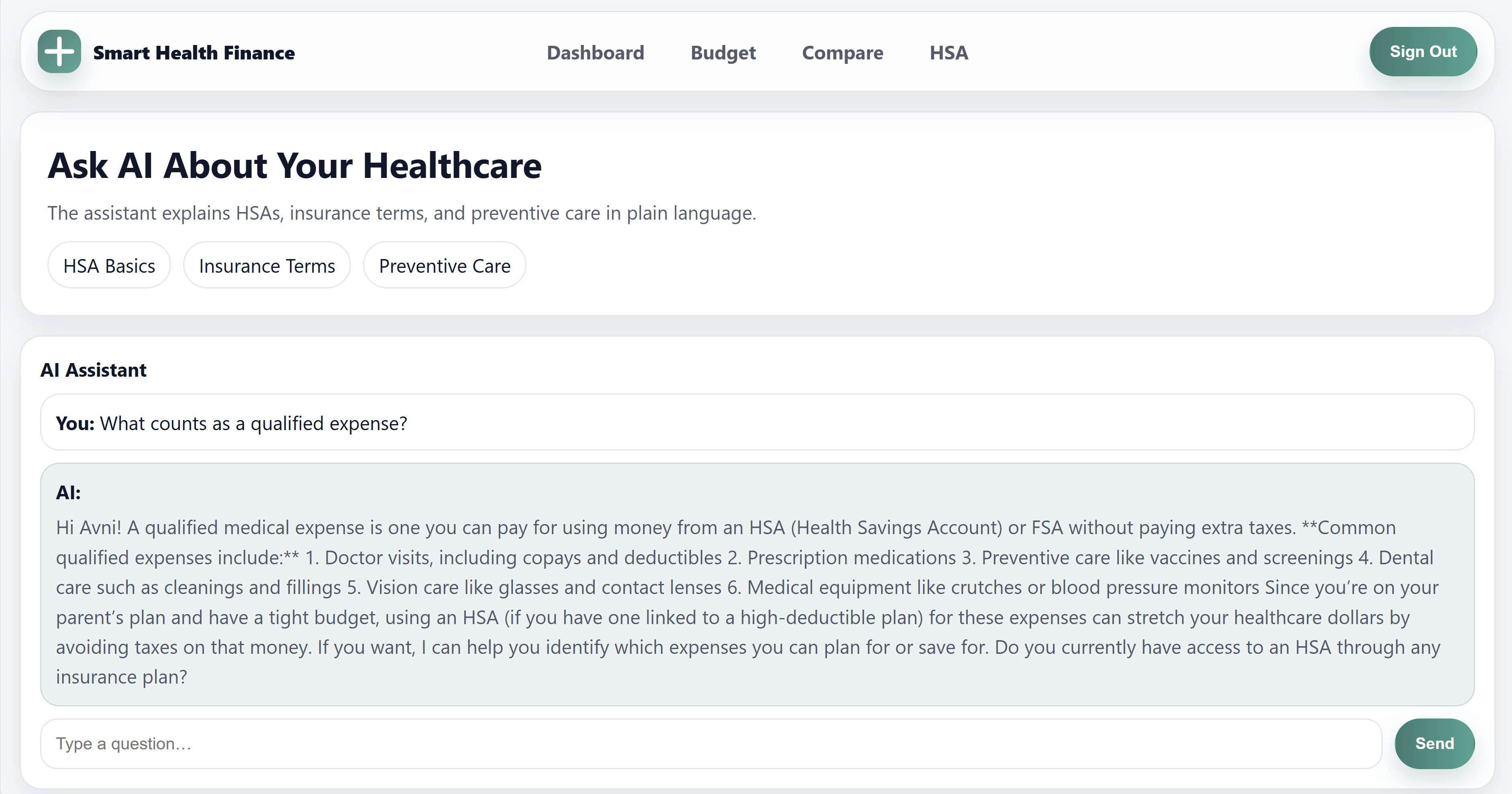 Smart Health Finance AI assistant answering a question about qualified medical expenses