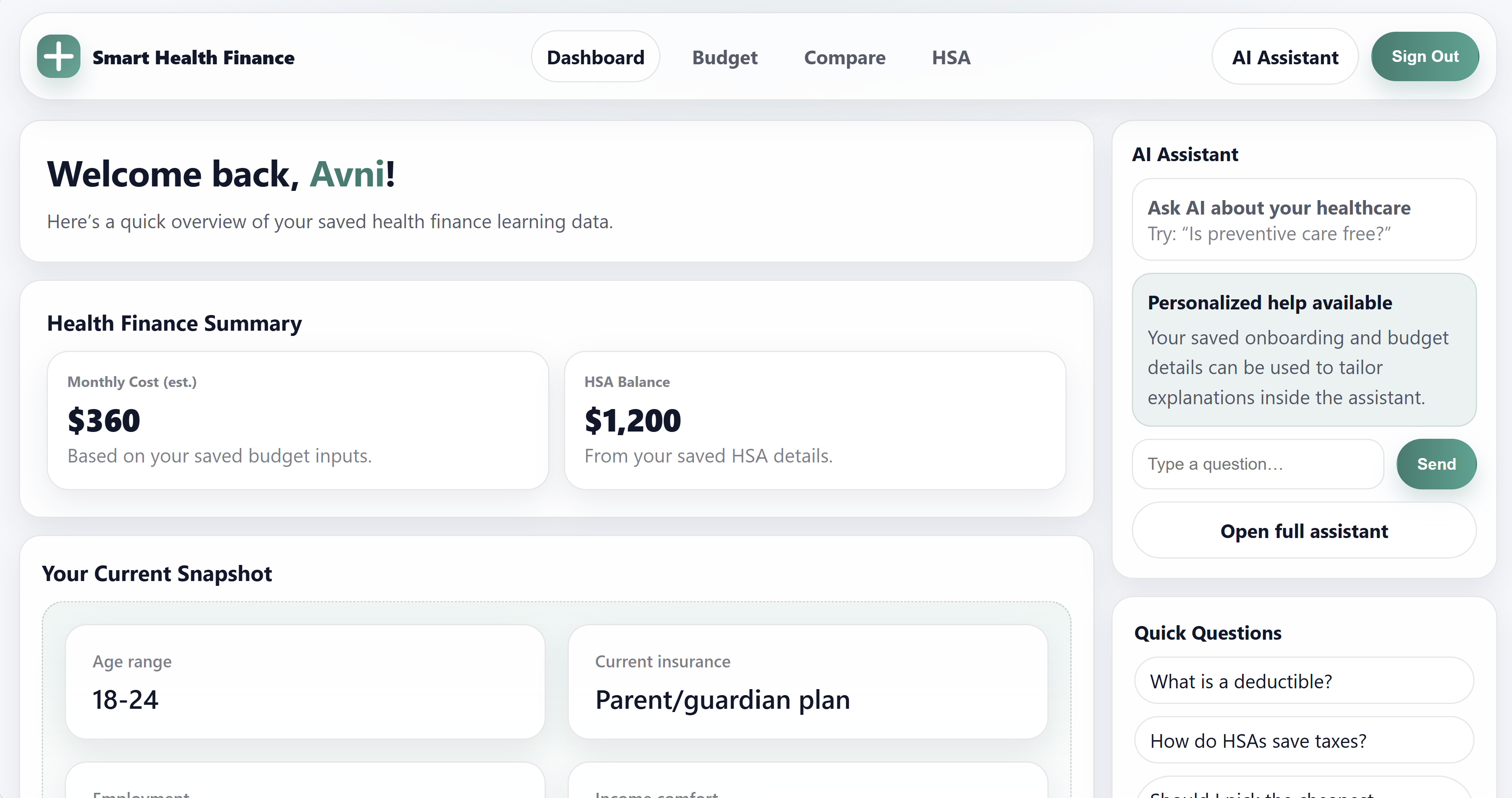 Smart Health Finance personalized dashboard and AI assistant