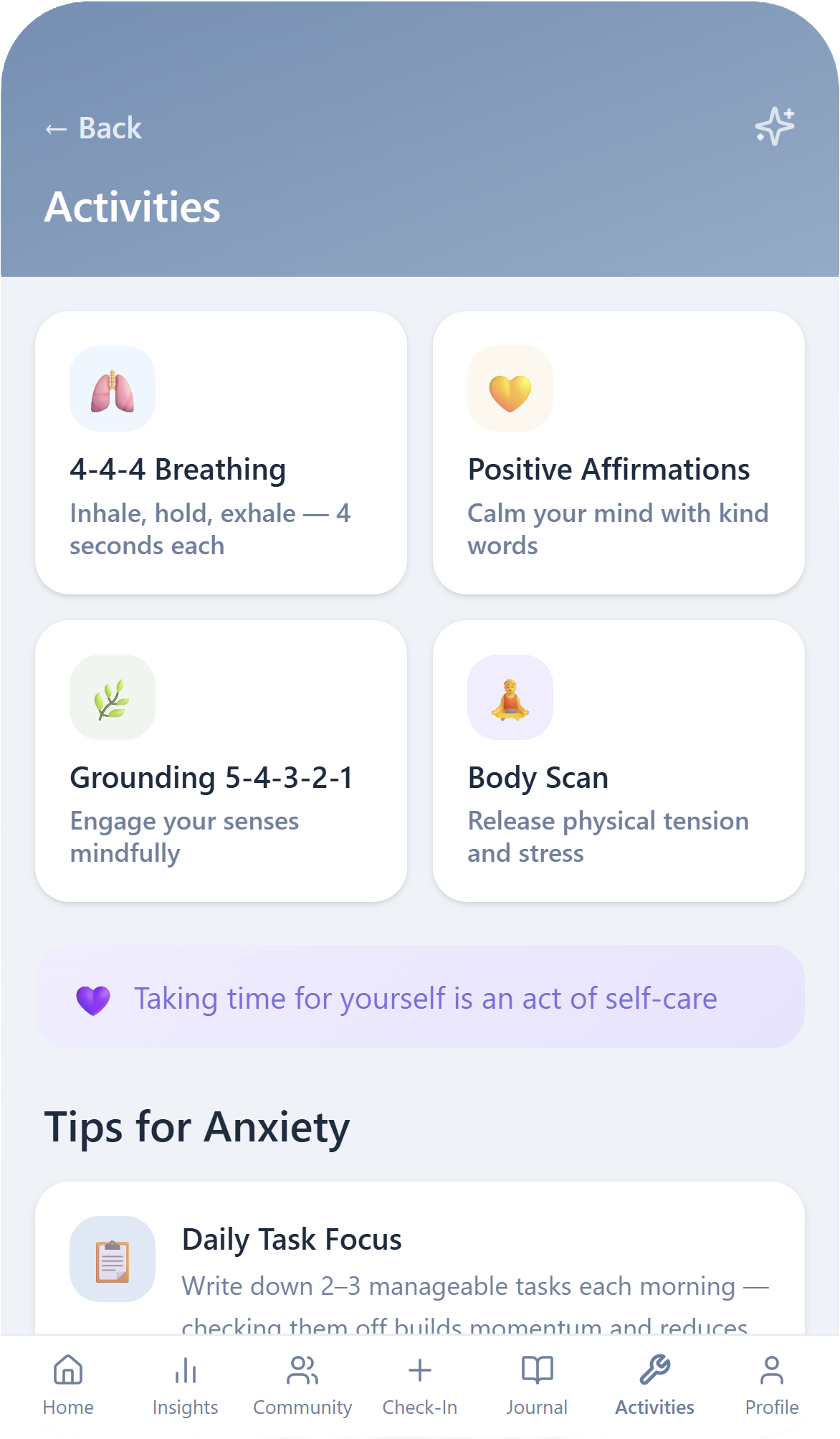 Solace wellness activities and anxiety tips interface