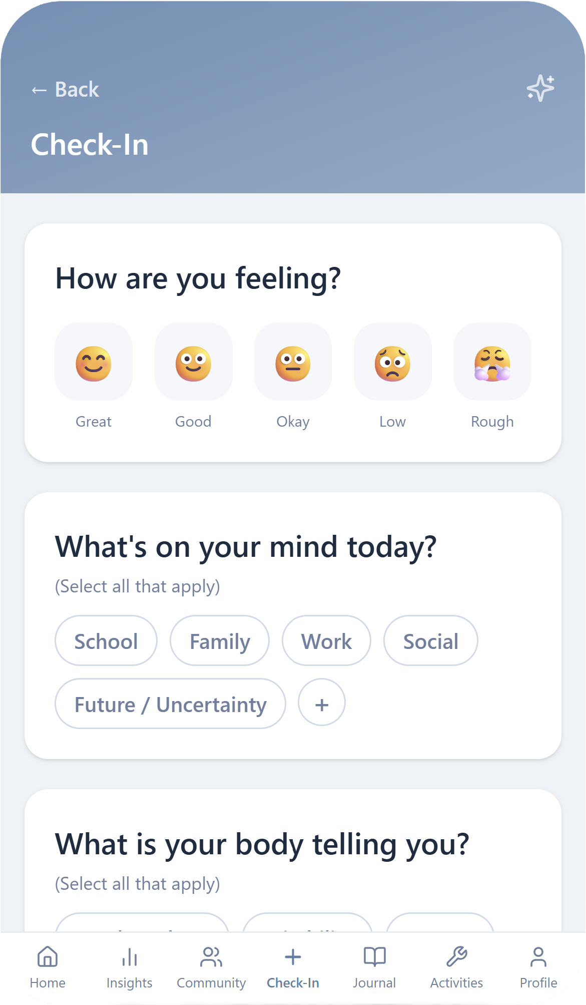 Solace daily wellness check-in interface