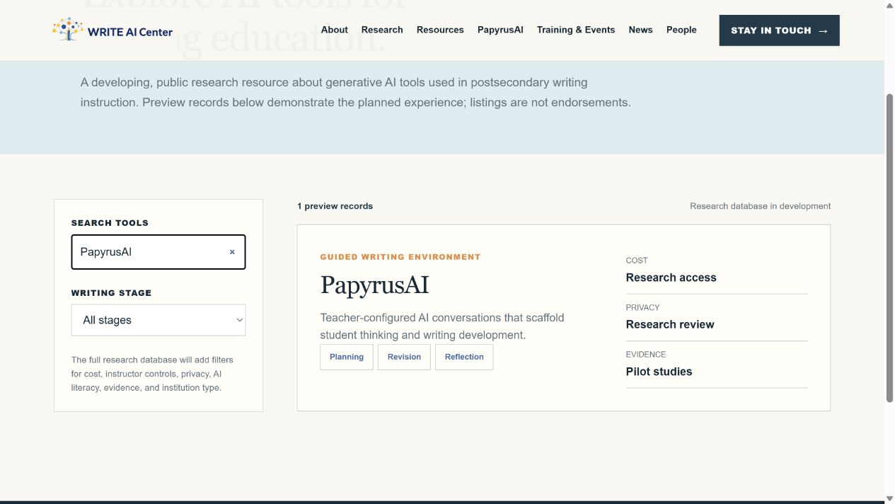 WRITE AI Center AI tools directory filtered to PapyrusAI