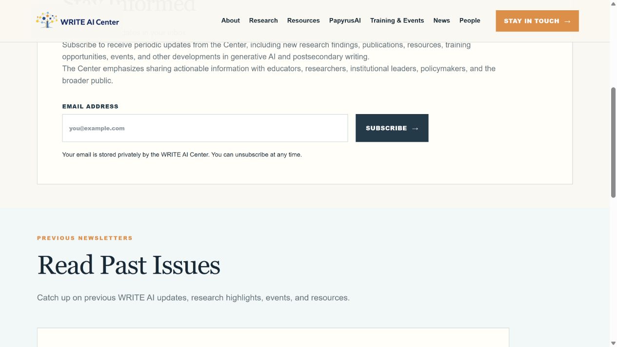 WRITE AI Center newsletter signup form