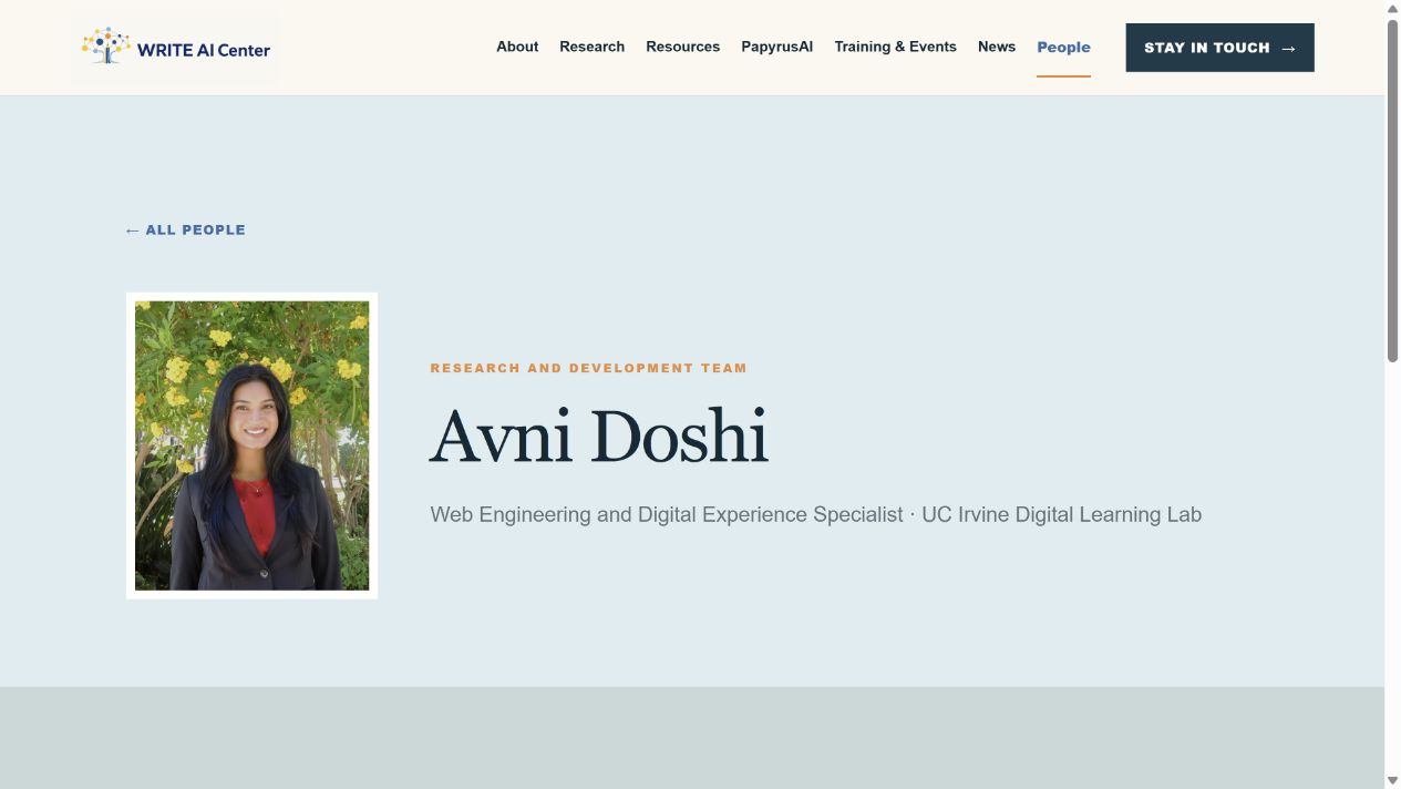 Avni Doshi profile on the WRITE AI Center website