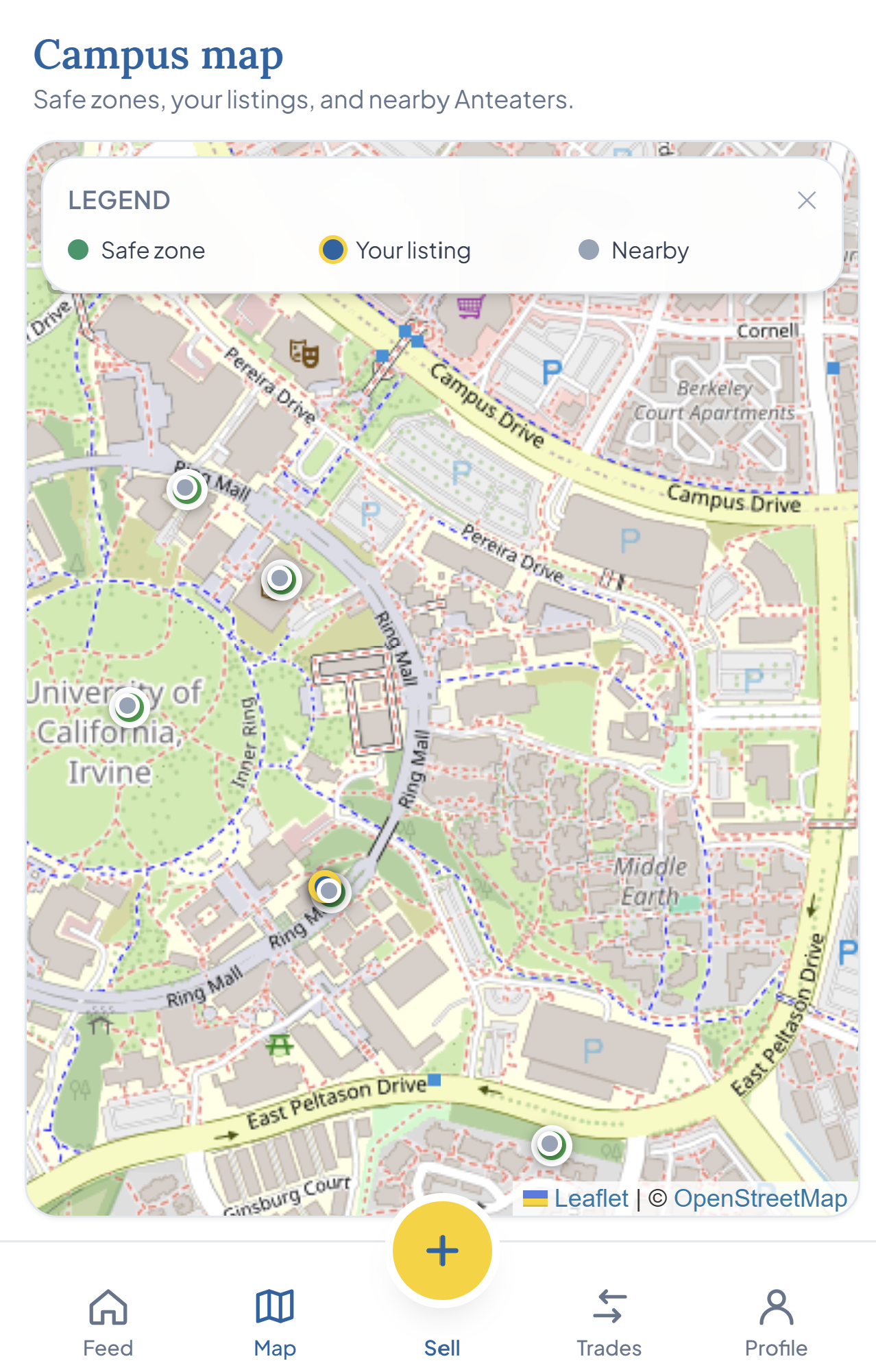 Zot Swap campus map showing safe zones and nearby listings