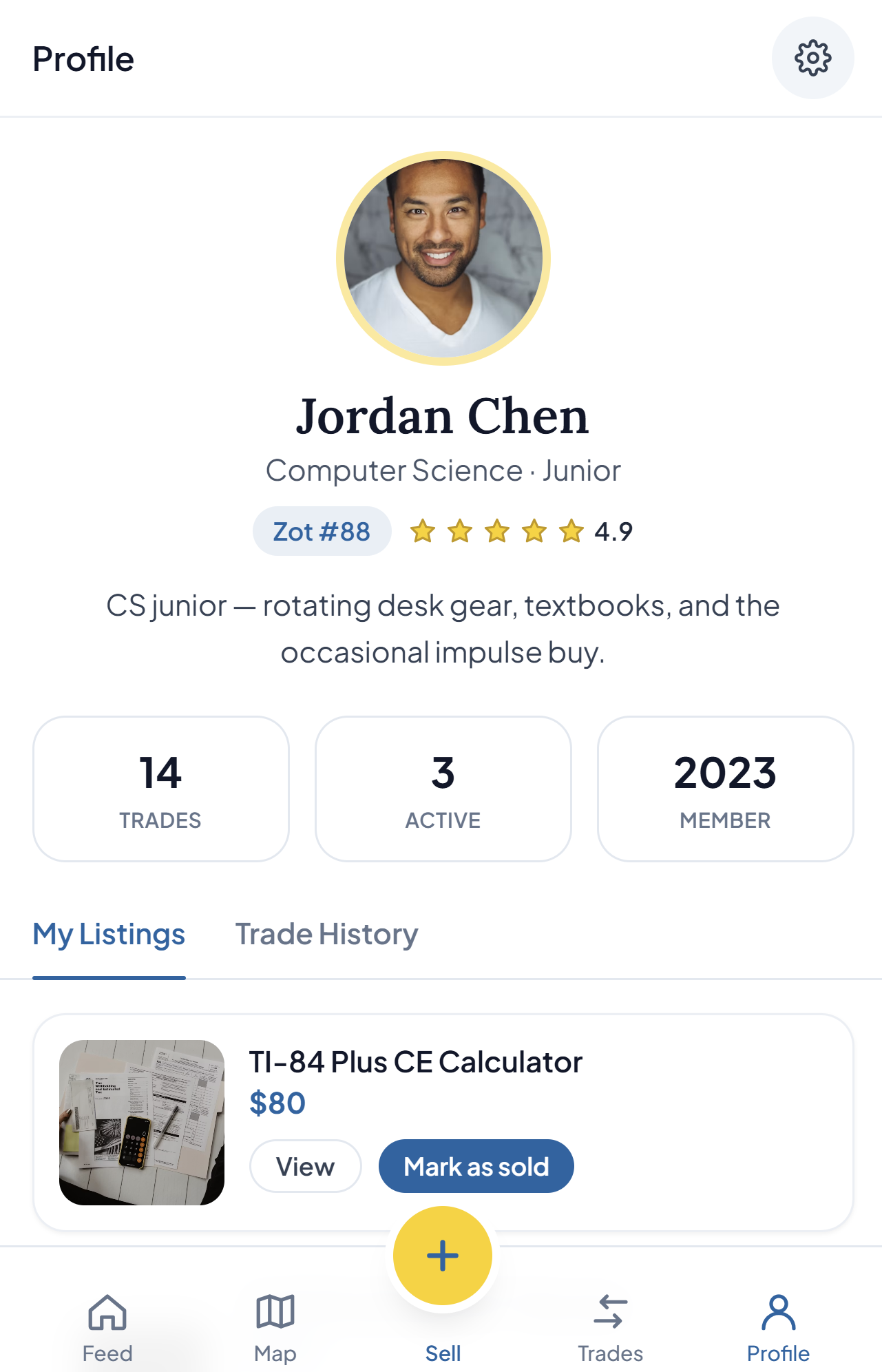Zot Swap user profile with ratings, listings, and trade history